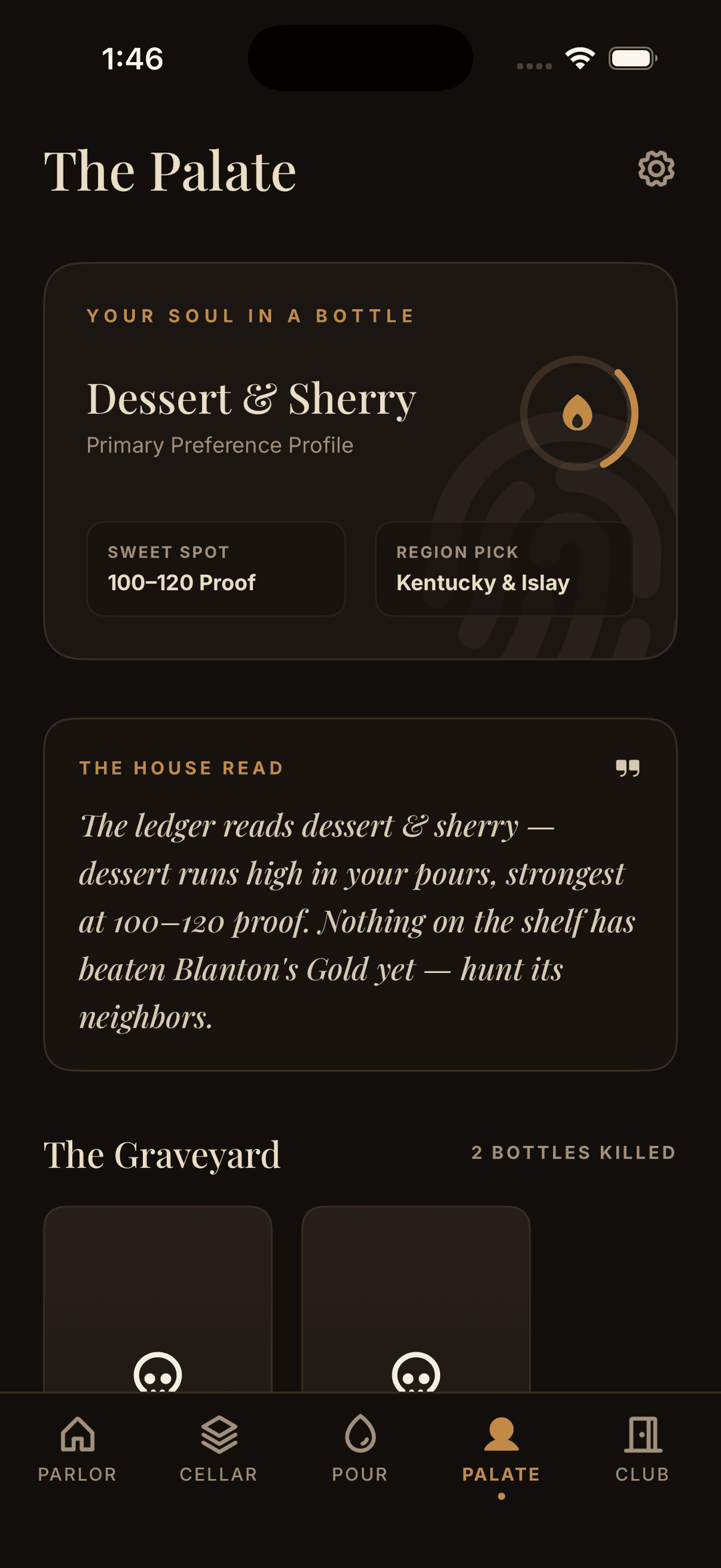 The Palate — learned profile, graveyard, tasting logs